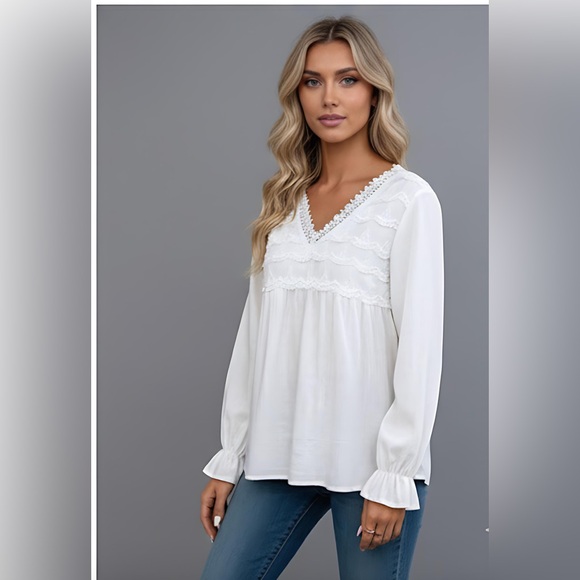 French Guipure Lace Trim Flare Sleeve Peplum Blouse - Picture 3 of 8